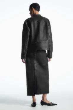 COS PANELED LEATHER RACER MIDI SKIRT BLACK