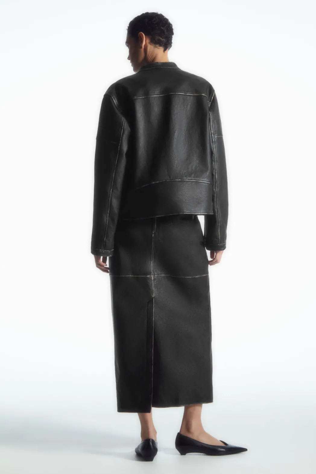 COS PANELED LEATHER RACER MIDI SKIRT BLACK