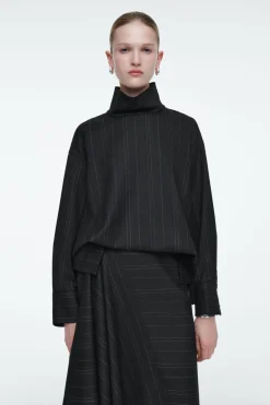Sale COS PINSTRIPED FUNNEL-NECK BLOUSE BLACK / PINSTRIPED