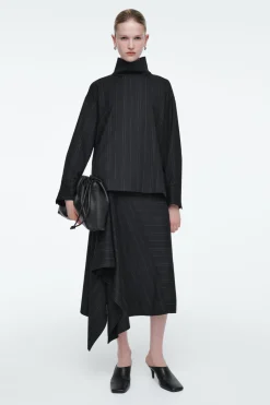 Sale COS PINSTRIPED FUNNEL-NECK BLOUSE BLACK / PINSTRIPED