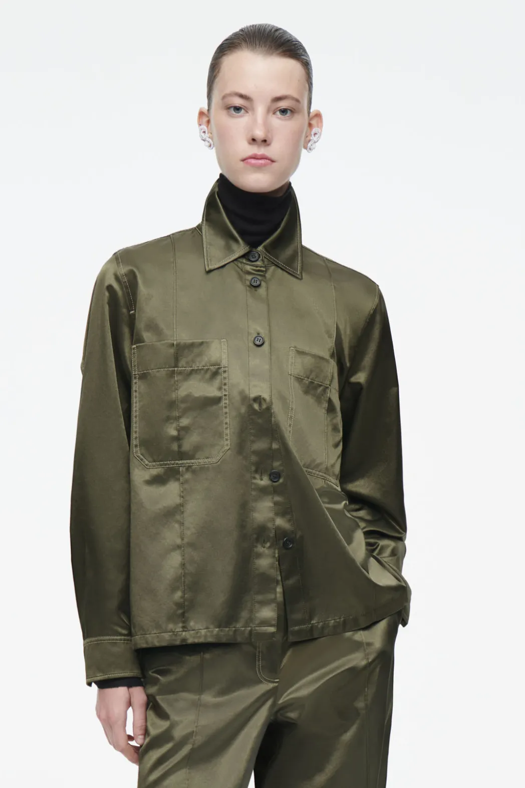 Discount COS PINTUCKED SATIN UTILITY SHIRT KHAKI