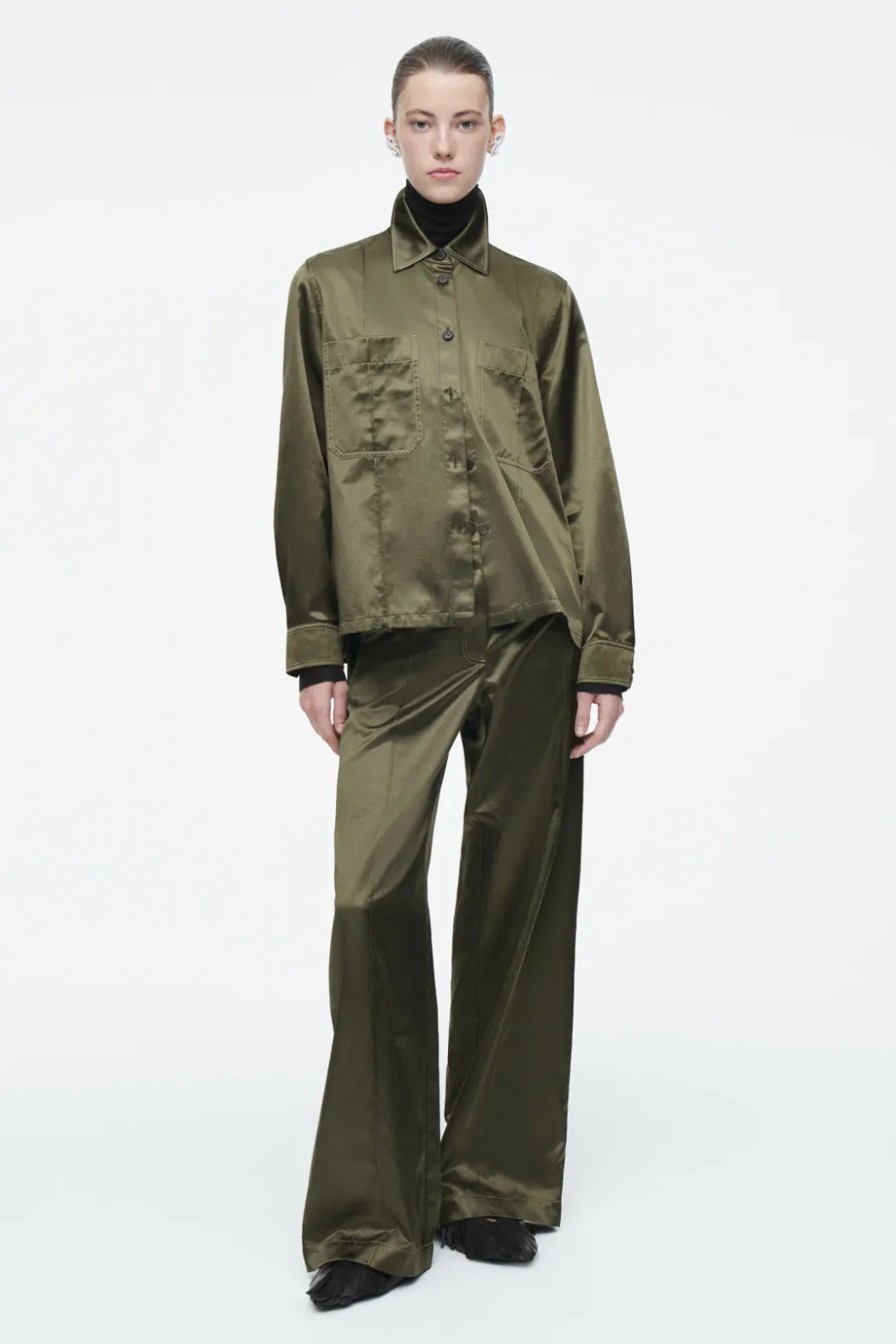 Discount COS PINTUCKED SATIN UTILITY SHIRT KHAKI