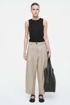 Best COS PLEATED BARREL-LEG COTTON PANTS BEIGE