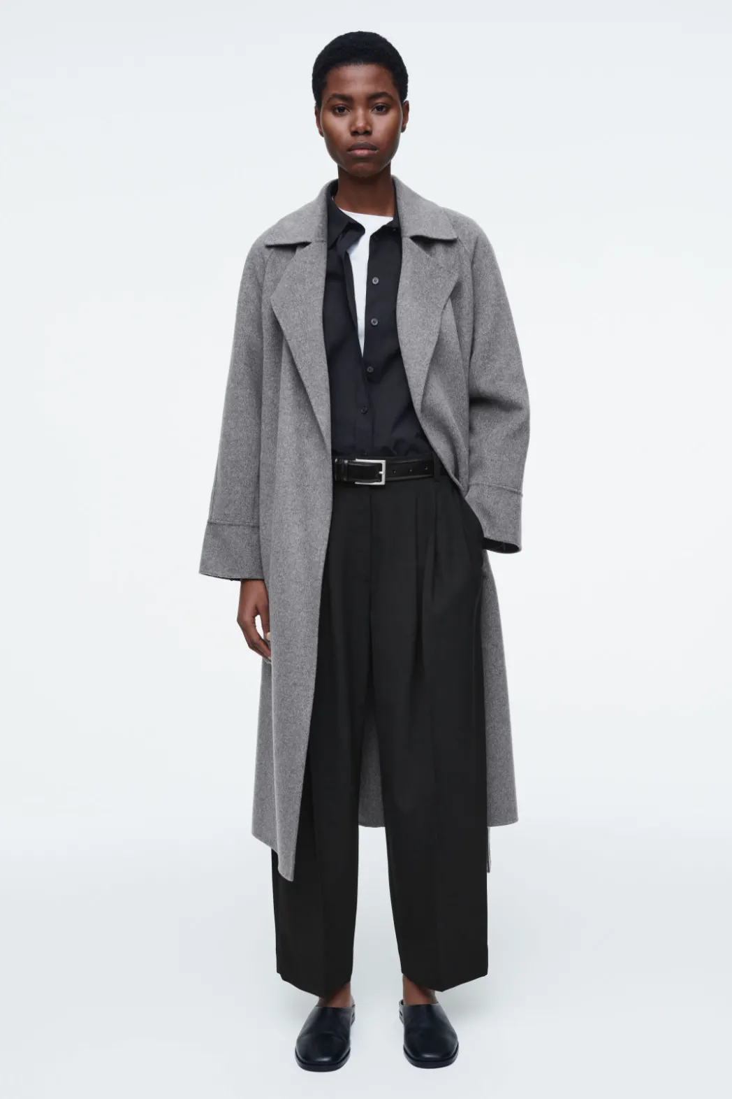 New COS PLEATED BARREL-LEG WOOL-BLEND PANTS BLACK
