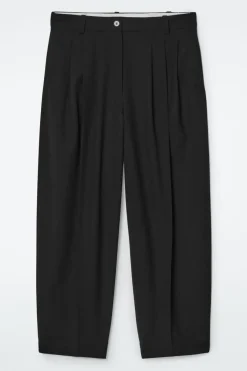 New COS PLEATED BARREL-LEG WOOL-BLEND PANTS BLACK