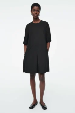 COS PLEATED COTTON MINI DRESS BLACK