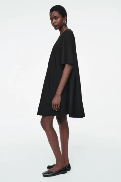 COS PLEATED COTTON MINI DRESS BLACK