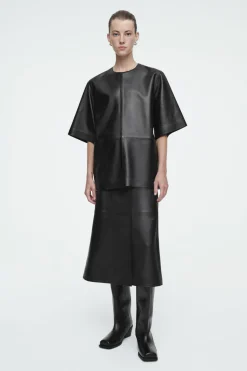 COS PLEATED LEATHER MIDI SKIRT BLACK