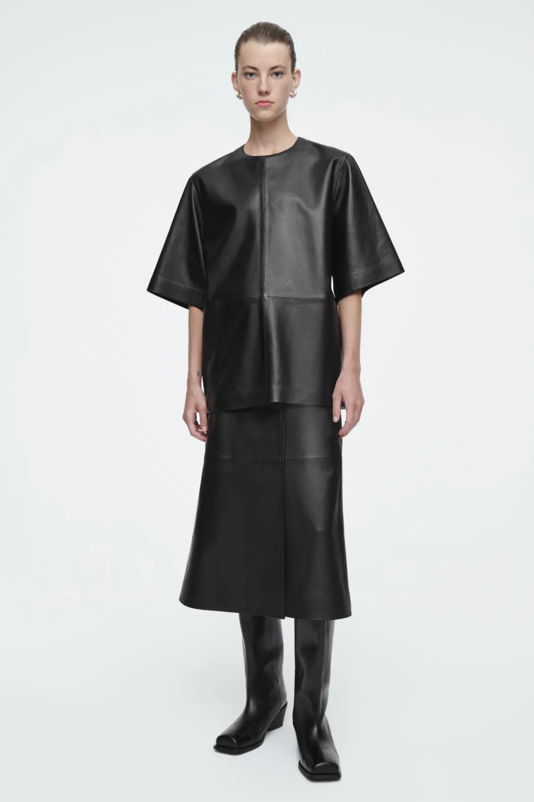 COS PLEATED LEATHER MIDI SKIRT BLACK