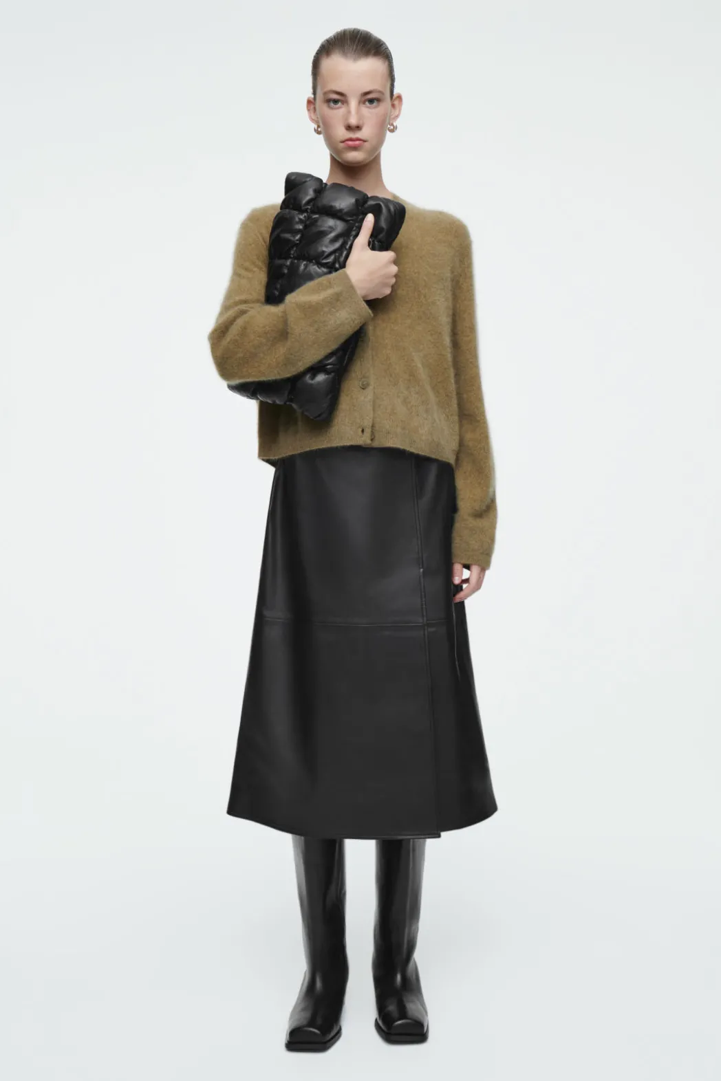 COS PLEATED LEATHER MIDI SKIRT BLACK