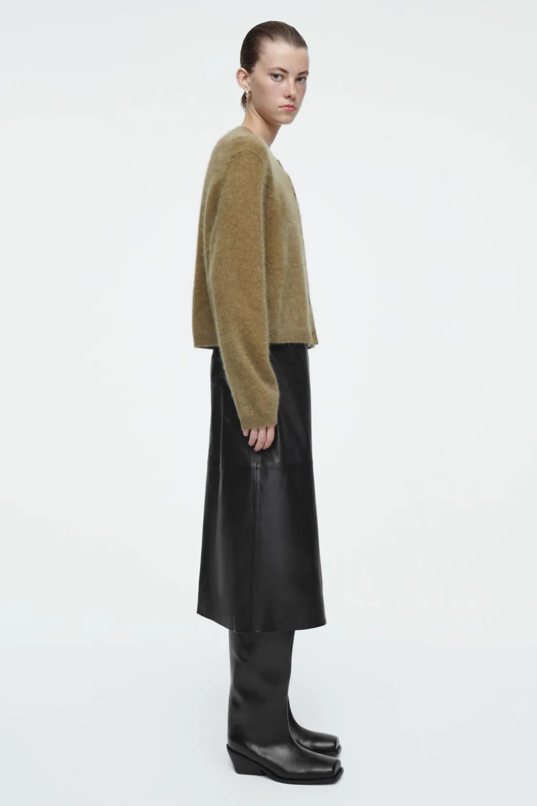 COS PLEATED LEATHER MIDI SKIRT BLACK