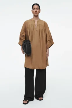 Discount COS PLEATED MINI TUNIC DRESS LIGHT BROWN
