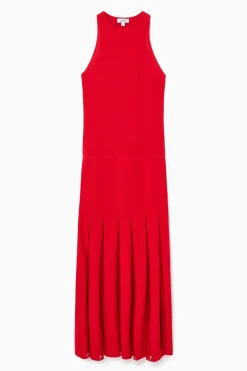 Online COS PLEATED RACER-NECK MAXI DRESS RED