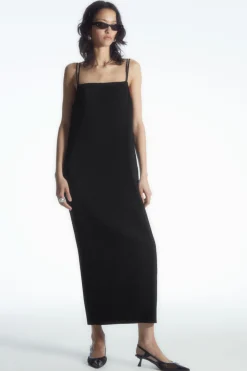 Sale COS PLISSÉ MIDI SLIP DRESS BLACK