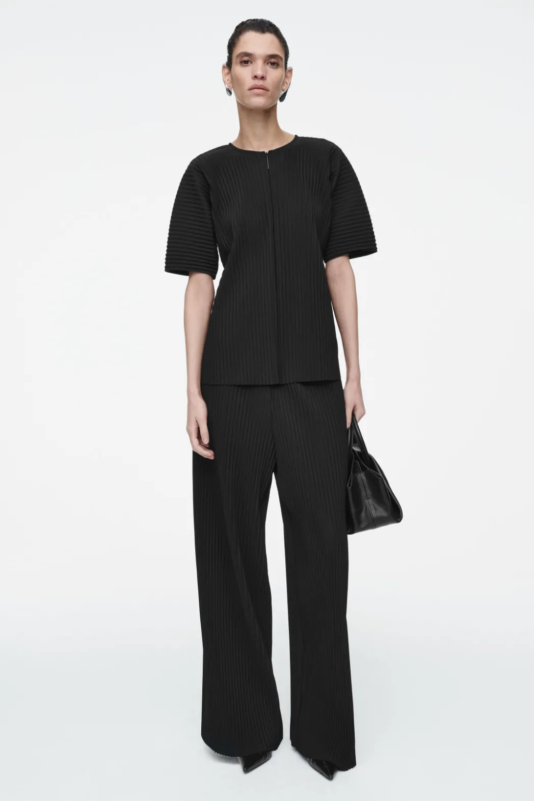 Best COS PLISSÉ WIDE-LEG PANTS BLACK