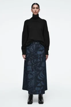 Discount COS PRINTED DENIM A-LINE MIDI SKIRT BLUE
