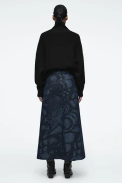 Discount COS PRINTED DENIM A-LINE MIDI SKIRT BLUE