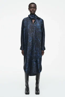 Best COS PRINTED SCARF-DETAIL MIDI DRESS BLUE