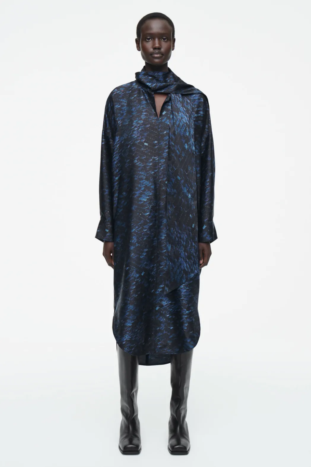 Best COS PRINTED SCARF-DETAIL MIDI DRESS BLUE