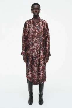 COS PRINTED SCARF-DETAIL MIDI DRESS BURGUNDY