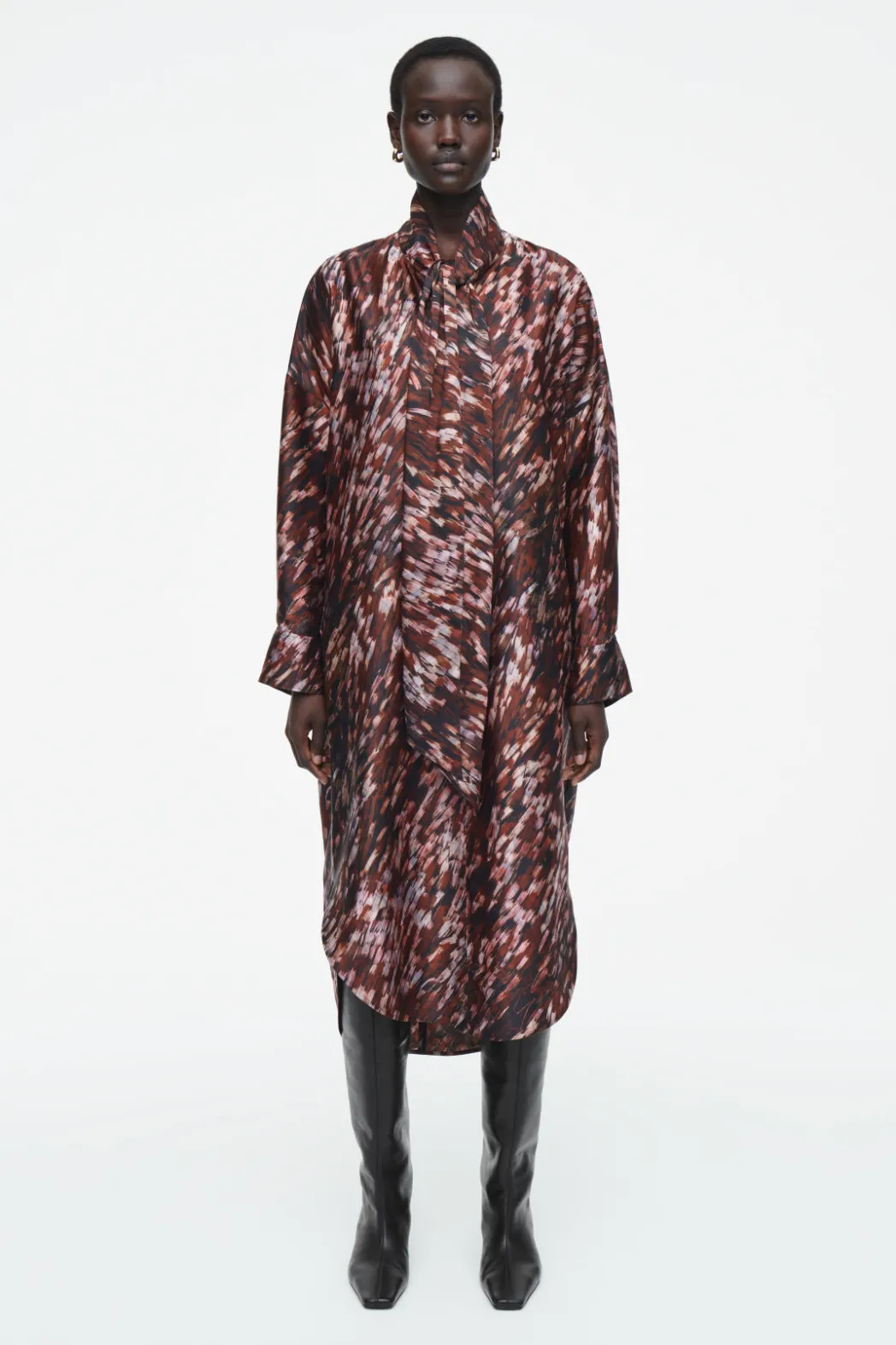 COS PRINTED SCARF-DETAIL MIDI DRESS BURGUNDY