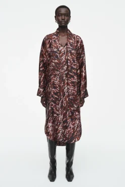 COS PRINTED SCARF-DETAIL MIDI DRESS BURGUNDY