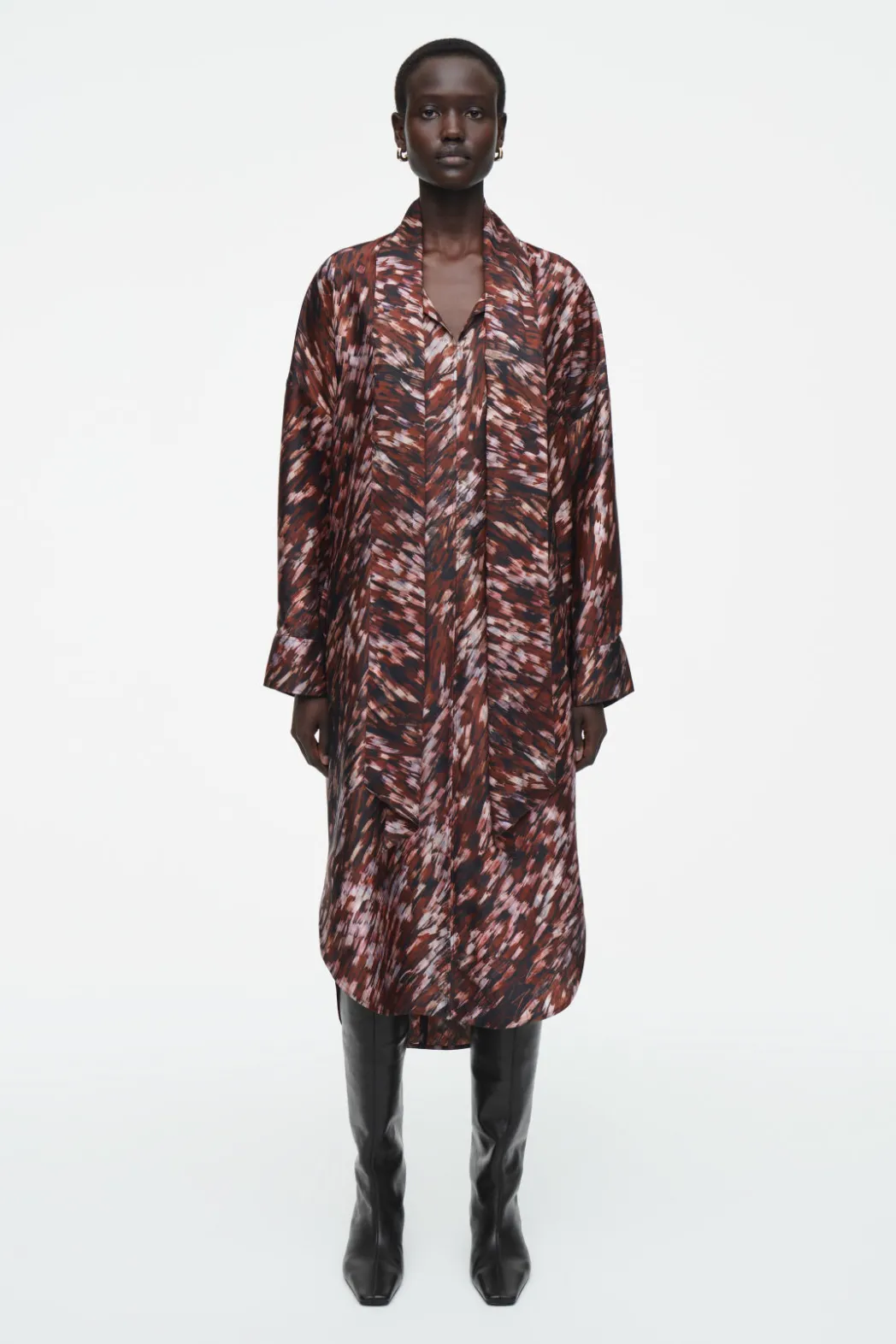 COS PRINTED SCARF-DETAIL MIDI DRESS BURGUNDY