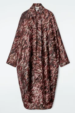 COS PRINTED SCARF-DETAIL MIDI DRESS BURGUNDY