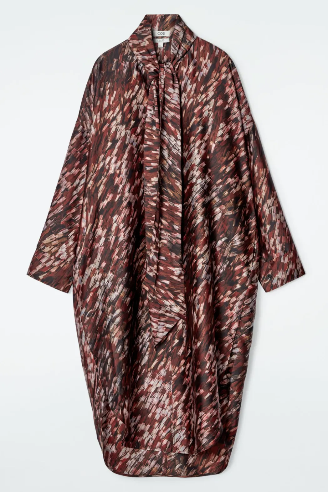 COS PRINTED SCARF-DETAIL MIDI DRESS BURGUNDY