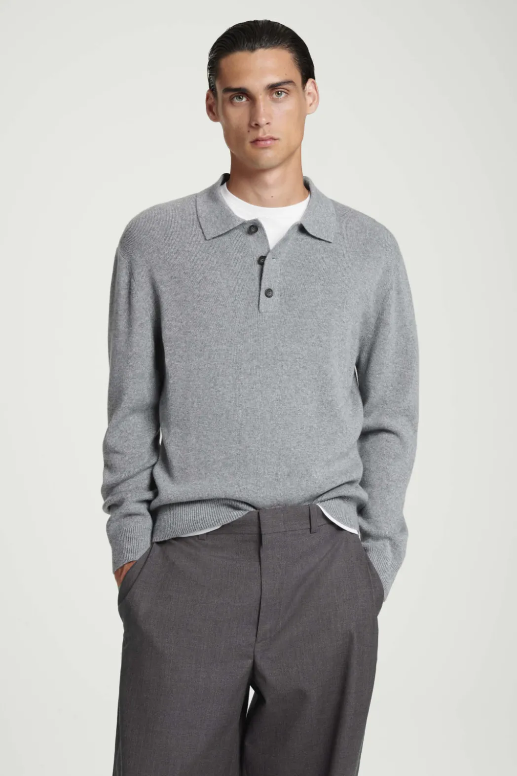 COS PURE CASHMERE POLO SHIRT GRAY MÉLANGE