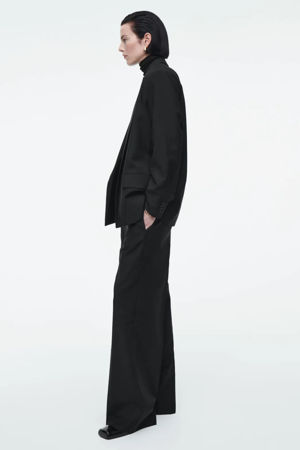 Discount COS REGULAR ELASTICATED WOOL STRAIGHT-LEG PANTS BLACK