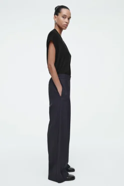 Discount COS REGULAR ELASTICATED WOOL STRAIGHT-LEG PANTS NAVY