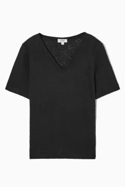 Clearance COS REGULAR V-NECK LINEN T-SHIRT BLACK