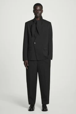 Best COS RELAXED BELTED WOOL-HOPSACK TAPERED TROUSERS BLACK