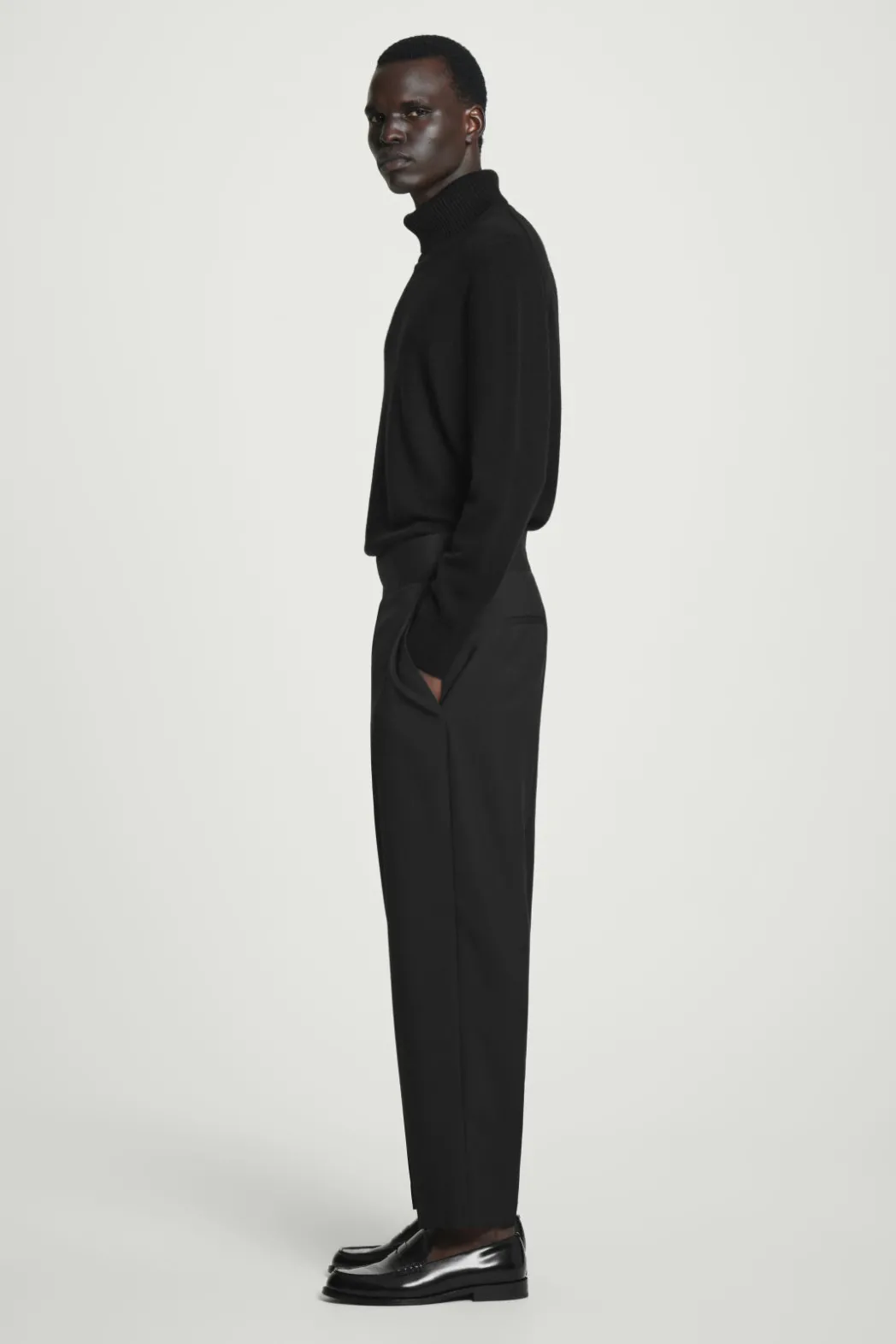 Best COS RELAXED BELTED WOOL-HOPSACK TAPERED TROUSERS BLACK