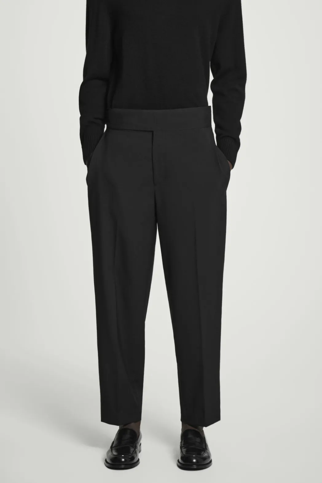 Best COS RELAXED BELTED WOOL-HOPSACK TAPERED TROUSERS BLACK