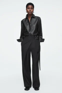 Outlet COS RELAXED BELTED WRAP-FRONT WOOL PANTS BLACK