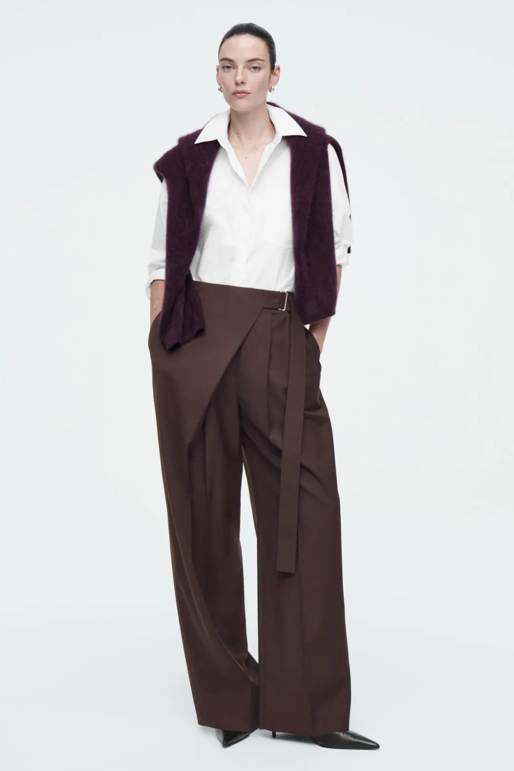 COS RELAXED BELTED WRAP-FRONT WOOL PANTS DARK RED