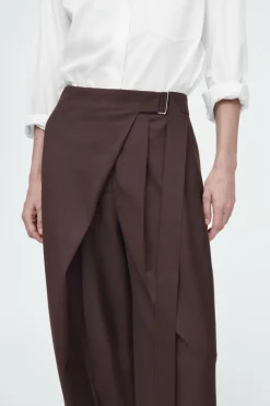 COS RELAXED BELTED WRAP-FRONT WOOL PANTS DARK RED