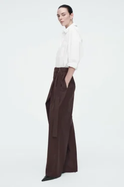 COS RELAXED BELTED WRAP-FRONT WOOL PANTS DARK RED