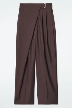 COS RELAXED BELTED WRAP-FRONT WOOL PANTS DARK RED