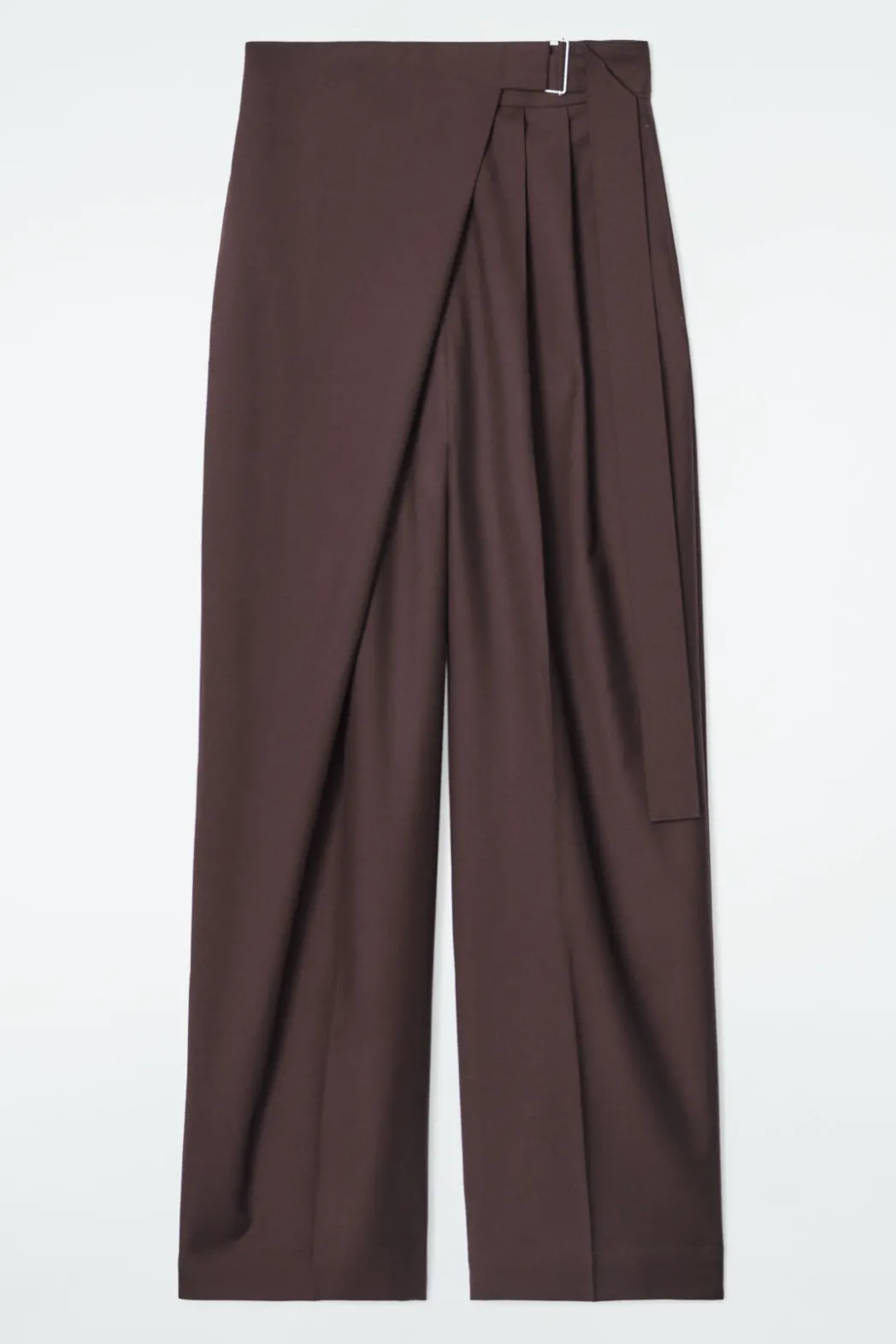 COS RELAXED BELTED WRAP-FRONT WOOL PANTS DARK RED
