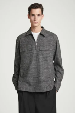 Clearance COS RELAXED CHECKED COTTON HALF-ZIP SHIRT BLACK / CHECKED