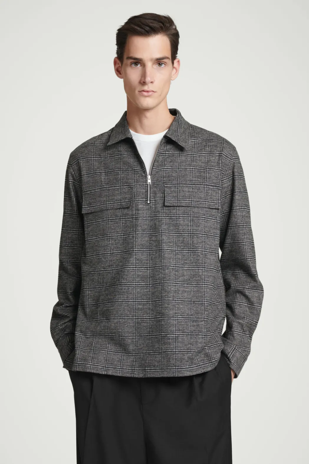 Clearance COS RELAXED CHECKED COTTON HALF-ZIP SHIRT BLACK / CHECKED