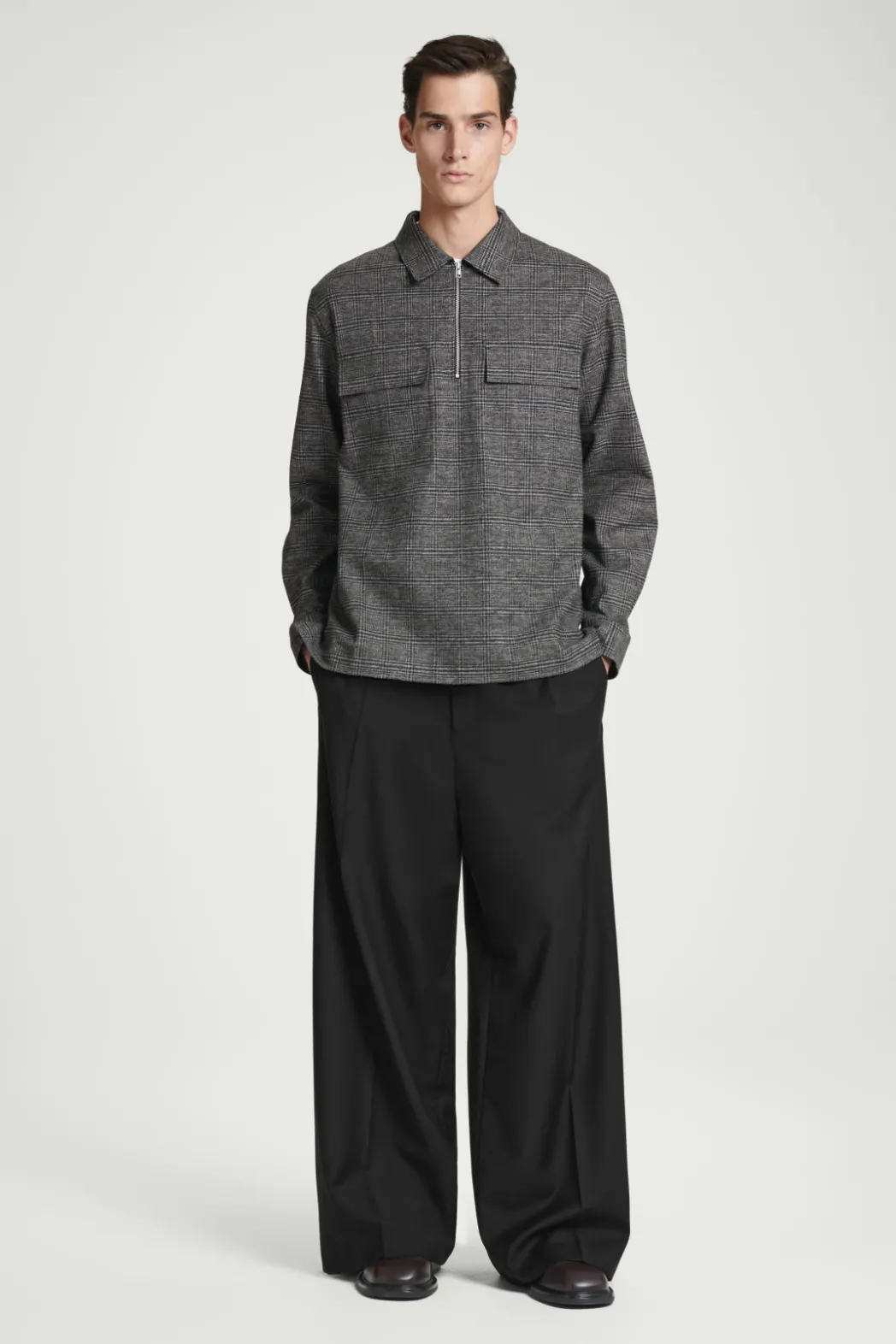 Clearance COS RELAXED CHECKED COTTON HALF-ZIP SHIRT BLACK / CHECKED
