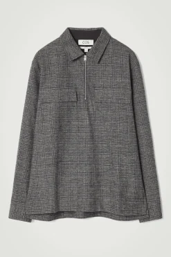 Clearance COS RELAXED CHECKED COTTON HALF-ZIP SHIRT BLACK / CHECKED