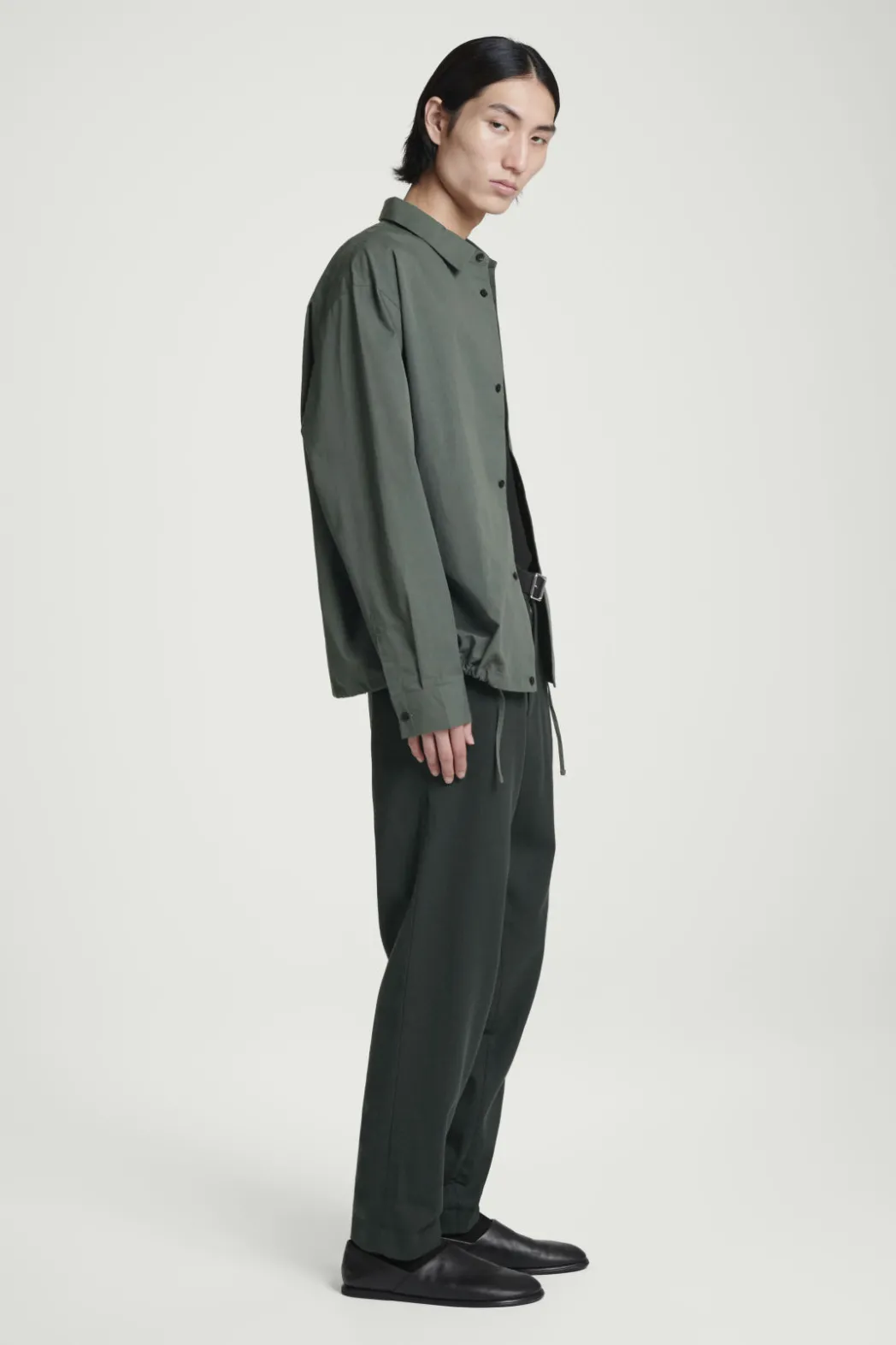 New COS RELAXED DRAWSTRING COTTON SHIRT DARK GREEN