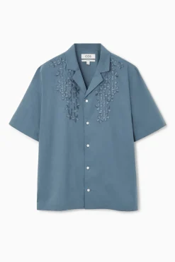 Online COS RELAXED FLORAL EMBROIDERED SHORT-SLEEVED SHIRT BLUE