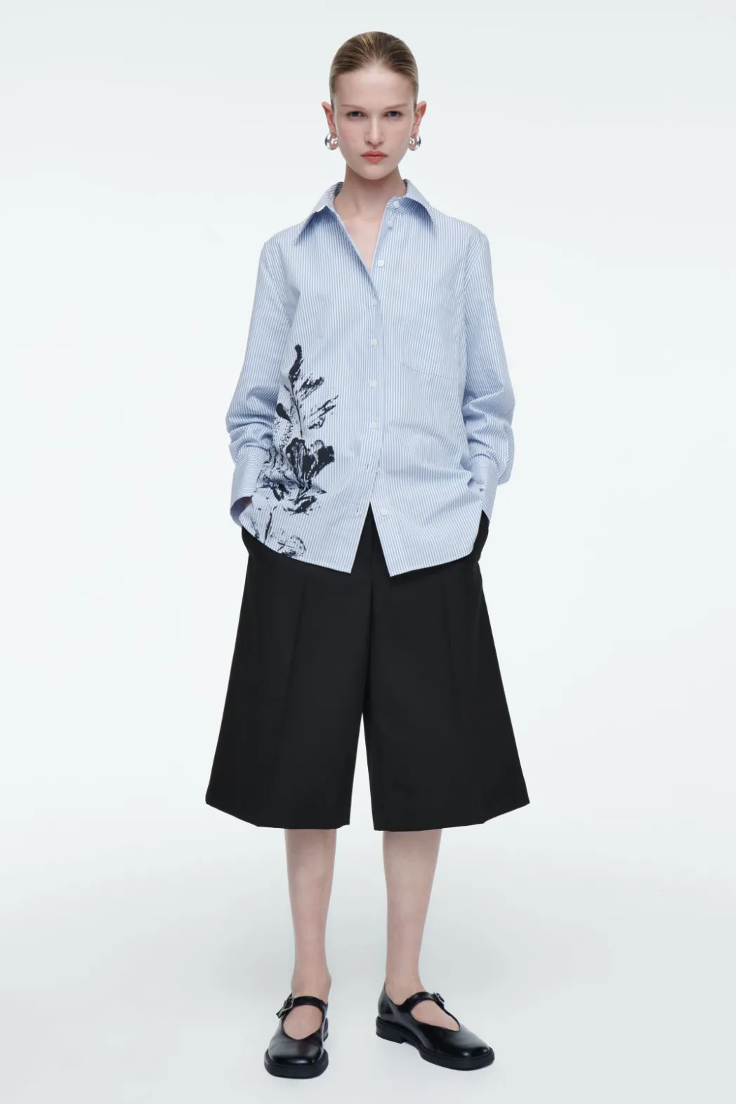 COS RELAXED FLORAL-PRINT STRIPED SHIRT BLUE / FLORAL