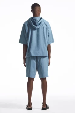 Outlet COS RELAXED HOODED COTTON SHORT-SLEEVED SHIRT BLUE